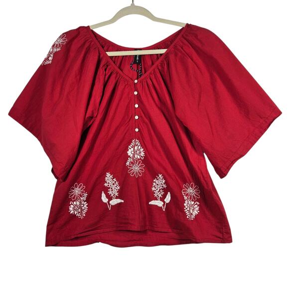 Sacred Threads Peasant Top Small Red Embroidered Boho Blouse Floral Flutter Flow - Picture 1 of 13